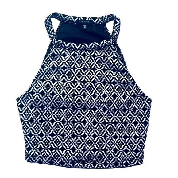 DYNAMITE halter crop top size XS in Black and White Diamond Geometric Pattern - Picture 3 of 10
